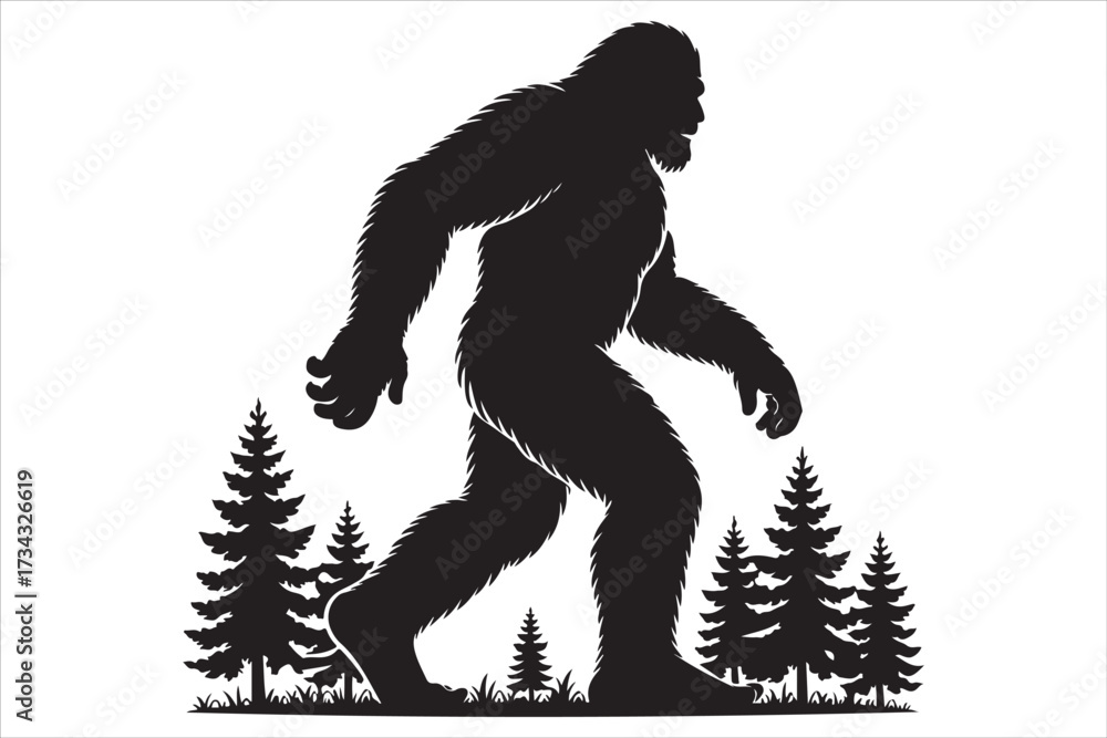 Fototapeta premium Bigfoot Silhouette Walking in Dark Forest Vector
