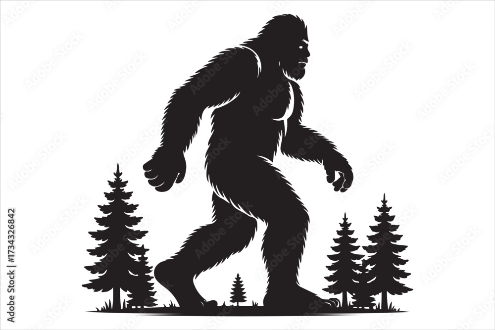 Fototapeta premium Bigfoot Silhouette Walking in Dark Forest Vector