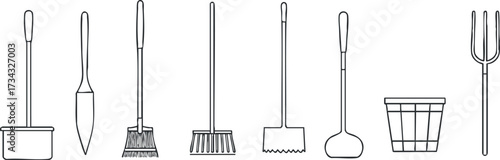 A collection of various gardening and cleaning tools arranged in a line..