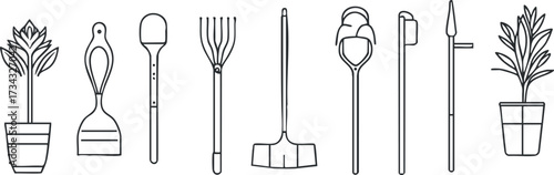 A collection of gardening tools and potted plants illustrated in a minimalist style..