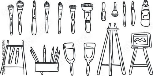 A collection of artistic tools including brushes, easels, and sketching supplies for creative projects..
