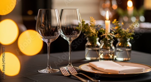 Festive holiday table setting with wine glasses, plates, and floral centerpiece. Warm lighting creates cozy, inviting atmosphere for a special celebration.