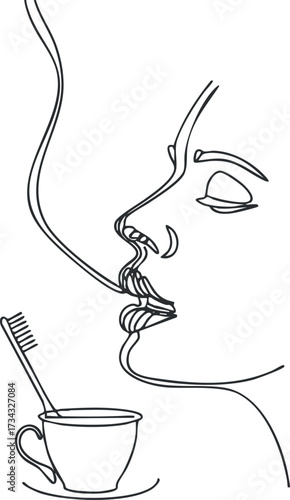 A minimalist line art illustration of a woman sipping coffee while holding a toothbrush..