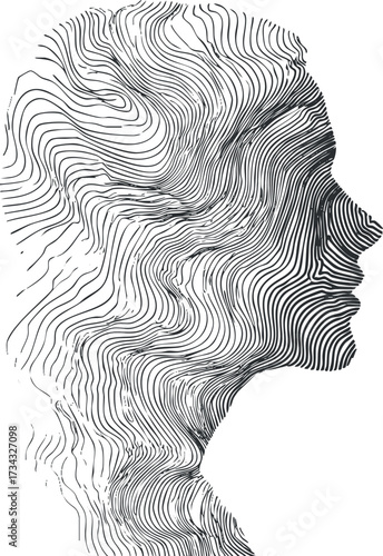 An abstract representation of a human profile using flowing line art in black and white..