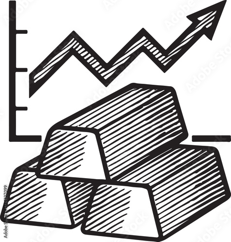 Hand drawn sketch of stacked gold bars with an upward trending graph indicating financial growth and investment success