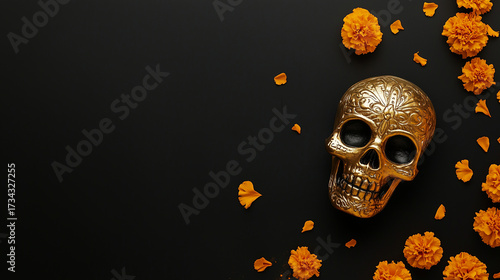 A black background with a single gold sugar skull in the center, surrounded by small marigold decorations in the corners. Day of the Dead