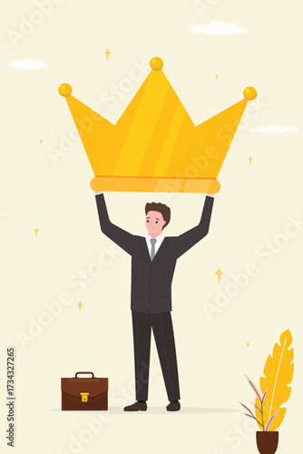 Businessman King holding giant crown. Manager or office worker standing with golden crown. Boss, leader. Concept of business success or leadership