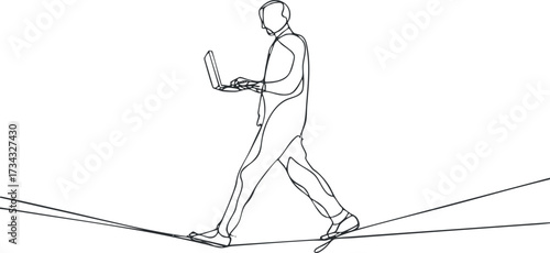 Minimalist line art of a person walking with a laptop, symbolizing modern work and mobility..