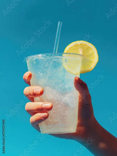 Hand holding a plastic cup of iced lemonade with lemon slice