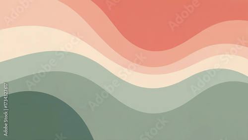 Abstract flowing waves of warm coral pink and cool sage green create a soothing and organic modern design with a gentle gradient