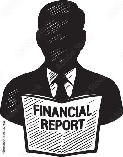 Silhouette of a businessman in a suit holding a financial report document with bold text indicating financial analysis and business performance