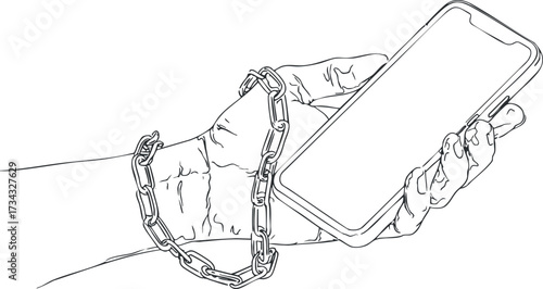 A hand holding a smartphone is chained, symbolizing digital addiction and isolation..