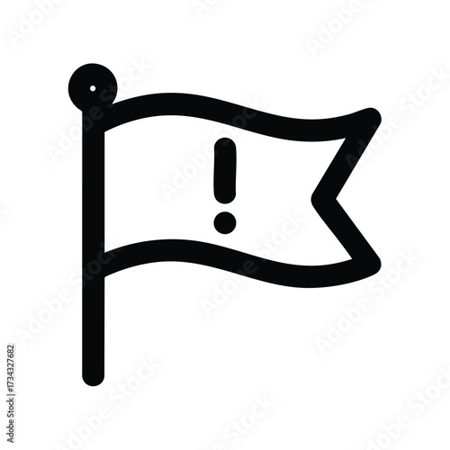 Vibrant Flag with Exclamation Mark Symbol Flapping in the Wind Against a Clear Sky