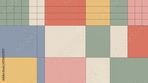 Abstract geometric pattern featuring a harmonious blend of pastel squares and rectangles in a grid layout with subtle horizontal lines creating a modern and clean aesthetic