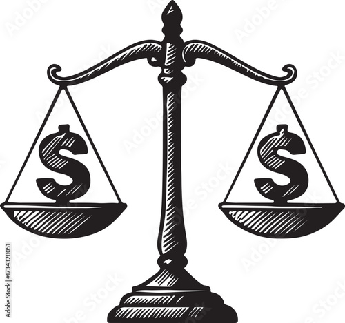 Vintage illustration of a balanced scale with dollar signs on each pan representing financial equality or fair trade