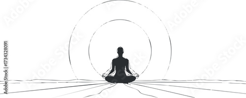 A silhouette of a person meditating with a circular halo symbolizing tranquility and spirituality..