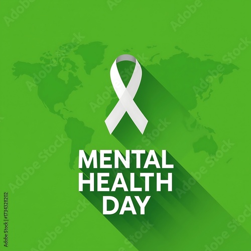 Global awareness for mental health day with a white awareness ribbon and world map silhouette on a green background