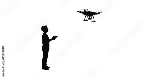 Man operating a drone with remote control against a white background silhouette
