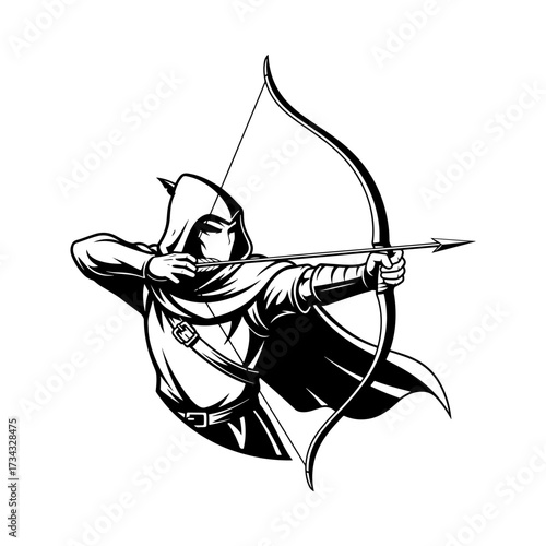 A dynamic black and white illustration of a skilled archer in a cloak aiming a bow and arrow. A symbol of precision, focus, and historical marksmanship.