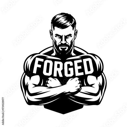 A strong and confident bearded man with a muscular build and crossed arms. An icon of power, fitness, and masculinity for gym or personal training concepts.