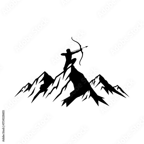 A dramatic silhouette of an archer standing victoriously on a mountain peak. A symbol of achievement, adventure, and conquering challenges.