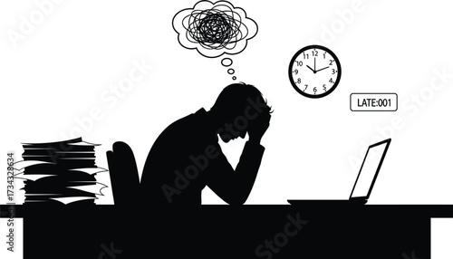 Silhouette of a stressed person working late at a desk stressed, silhouette, person, burnout, problem, busy, stressed, pressure, confused, office, messy, silhouette, laptop, illustration, health, stre
