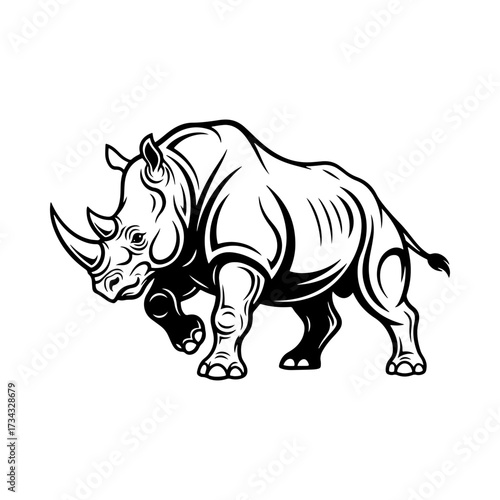 A powerful black and white illustration of a rhinoceros in a side profile. Represents strength, resilience, and the beauty of endangered wildlife.