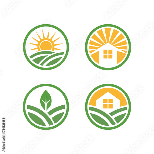 Four circular logos featuring farming and housing elements with sun and leaf motifs agriculture house