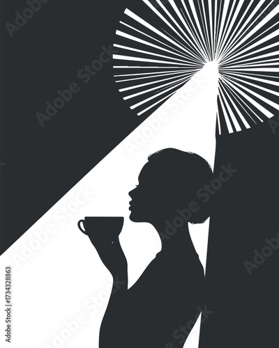 Silhouette of a woman enjoying a cup of coffee with sunburst light in the background..