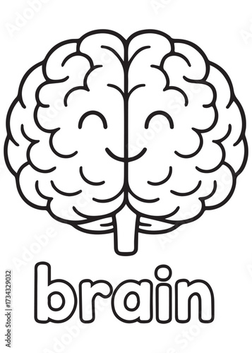 coloring book simple brain front view, anatomy line art for kids