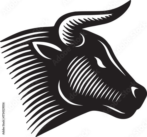 Powerful black and white woodcut style illustration of a fierce bull head with horns and mane