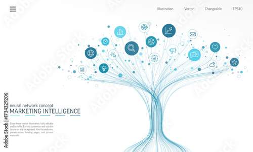 Linear vector illustration, AI powered growth tree with digital marketing, SEO and social media icons. Neural network concept, technology background. Abstract vector, business infographic design