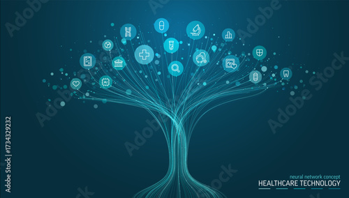 Linear vector illustration, abstract AI powered growth tree. Healthcare, medical innovation concept. Healthtech, Neural network background. Heart, cross, pill, DNA and hospital icon. Vector background