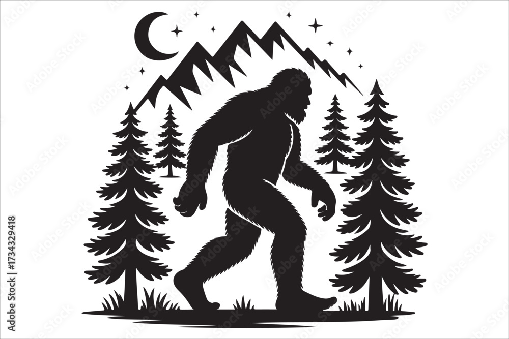 Fototapeta premium Bigfoot Silhouette Walking in Dark Forest Vector