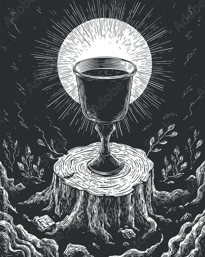 An artistic illustration of a goblet on a tree stump surrounded by mystical elements and light..