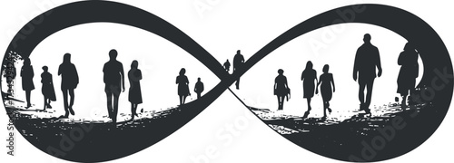A creative infinity symbol featuring silhouettes of people walking, representing connection and continuity..