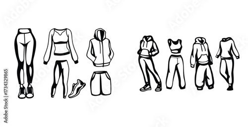 Minimalist line art fashion sketch of a athletics suits black silhouette style vector art design