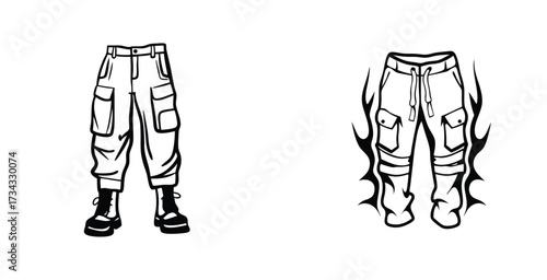 Minimalist line art fashion sketch of a cargo pant black silhouette style vector art design
