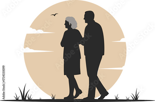 Silhouette of an elderly couple walking arm in arm silhouette, couple, elderly, senior, partnership, sunset, walking, love, circular, arm, journey, calm, serene, vintage, clouds, silhouette, comfort, 