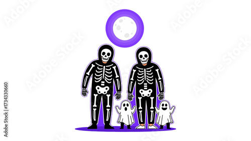 Spooky Halloween Family: This playful illustration depicts a Halloween family of two skeletons and two ghost, with full moon behind, ready for a night of trick or treating. 