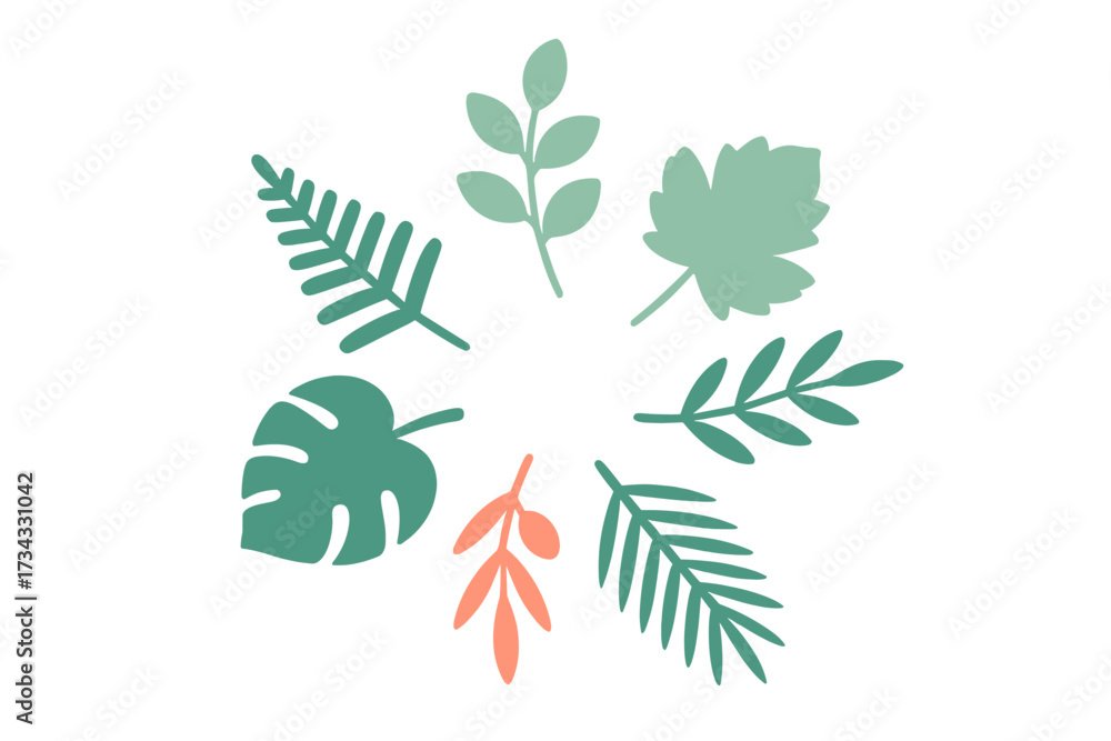 Obraz premium Assortment of stylized botanical leaves in various shapes and colors arranged in a circular pattern