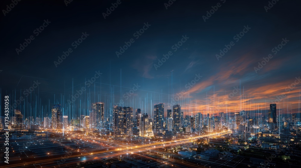 Obraz premium Nighttime Cityscape with Digital Overlay