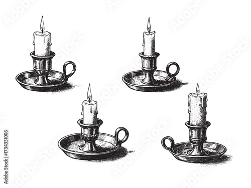 Candle In Holder Vintage Engraved Autumn Illustration Thanksgiving Isolated Vector
