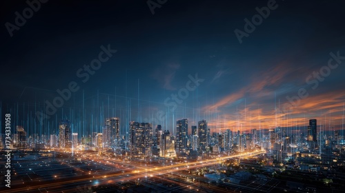 Wallpaper Mural Nighttime Cityscape with Digital Overlay Torontodigital.ca