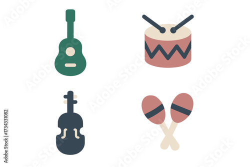 Diverse musical instruments group with guitar, drum, violin, and maracas for music and sound concepts