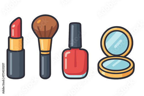 Assortment of beauty and cosmetic products featuring lipstick, makeup brush, nail polish, and compact mirror