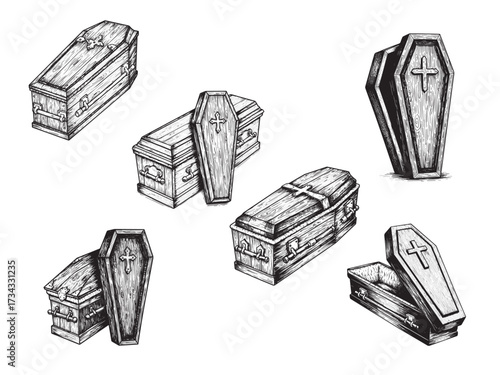 Coffin With Lid Vintage Engraved Spooky Illustration Isolated Vector