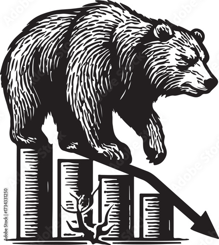 Black and white illustration of a bear standing on declining stock market graph symbolizing financial downturn and economic recession