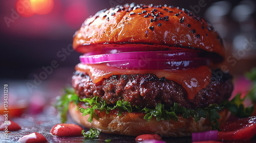 The Gourmet Burger: A mouthwatering gourmet burger, a symphony of flavors, is expertly assembled and artfully presented on a dark, moody surface, inviting culinary indulgence.