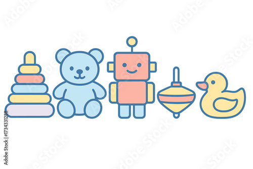 Assortment of classic children's playthings with a teddy bear, stacking rings, robot, spinning top, and rubber duck